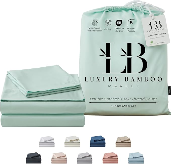Luxury Bamboo Market | King Size Bed Sheet Set | 100% Viscose Made from Bamboo | Organically Grown | Ultra Soft | Cooling Sheets for Hot Sleepers | 17" Deep Pocket [Coastal Green]