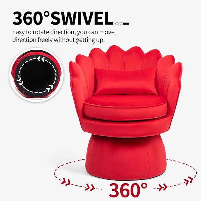 360° Swivel Accent Chair, Mid-Century Modern Velvet Barrel Chair, Comfy Shell Shape Arm Chair with Lumbar Pillow for Living Room, Bedroom, Office, Rose Red