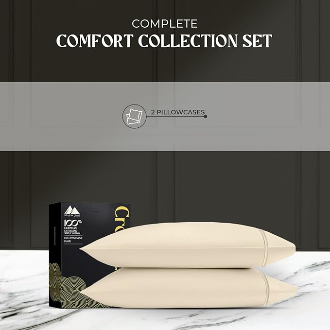 Mayfair Linen Standard Pillowcases Set of 2 - Luxury 2000 Series 100% Egyptian Cotton Standard/Queen Size Pillow Cases, Soft Cooling, Envelope Closure Hotel Quality Pillowcase (21 x 32, Ivory)
