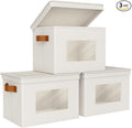 Univivi Storage Boxes with Lids Fabric Foldable Storage Bin for Clothes, [3-Pack] Closet Organizer Containers boxes with Handles for Home, Bedroom, Closet Storage (Beige,17” x 12” x 12")