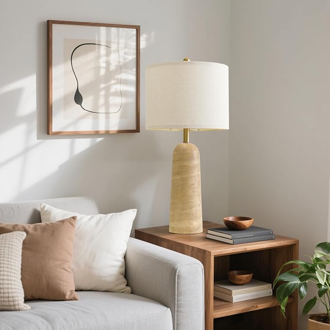 BOBOMOMO 27.25" Modern Table Lamp Set of 2, Warm Beige Resin Lamp with Natural Stone Look, Lamps for Living Room with Linen Shades, Bedside Lamp for Bedroom, Living Room, Nightstand, Entryway