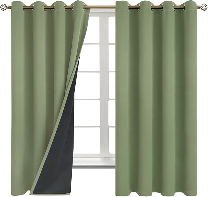 BGment Thermal Insulated 100% Blackout Curtains for Bedroom with Black Liner, Double Layer Full Room Darkening Noise Reducing Grommet Curtain (52 x 63 Inch, Grass Green, 2 Panels)