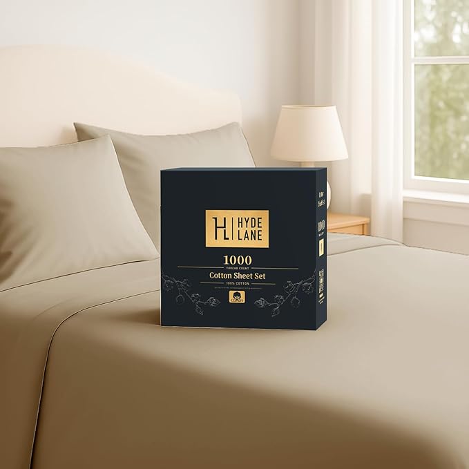 Hyde Lane Luxury 1000 Thread Count 100% Cotton Sheets | Very Soft & Thick - Fits Upto 20" Mattress | Sateen Weave Bed Sheets 18" Deep Pocket- 4 PC Sheet Set (Taupe, Queen)
