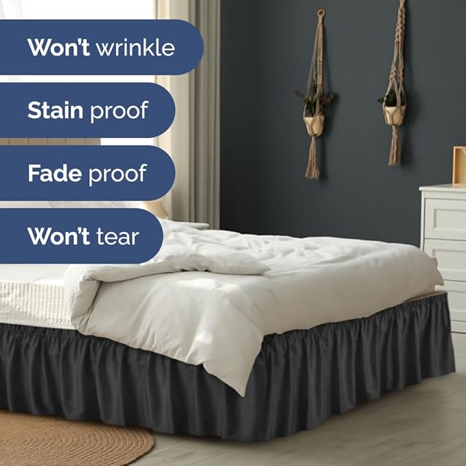 Wrap Around Dust Ruffle Bed Skirt - Black - Twin/Twin XL Size Beds with 18 Inch Drop - Easy Fit Elastic Strap - Adjustable Pleated Bedskirt w/Brushed Fabric - Wrinkle Free - Women, Men, Kids & Teens