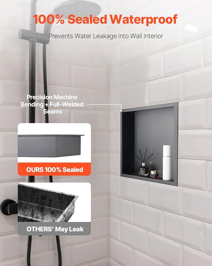 VEVOR Shower Niche, 13 x 13 x 4 inch Recessed Wall Niche, Heavy-duty Stainless Steel Modern Soap & Shampoo Storage Organizer, Sealed Waterproof, Durable & Easy to Install,Black for Bathroom