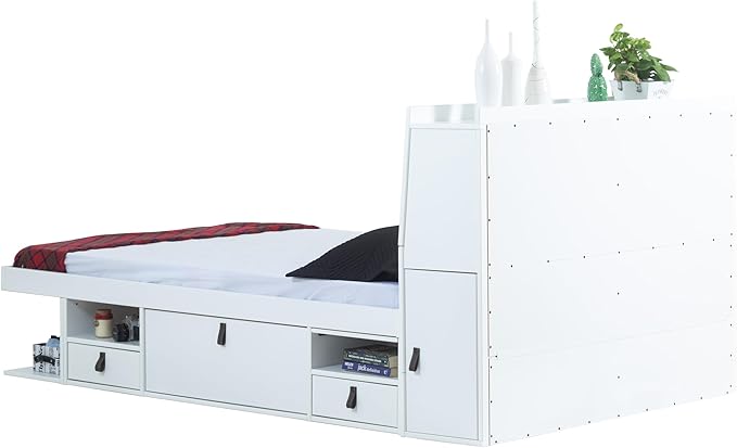 memomad Bali Set: Storage Platform Bed with Drawers + Bookcase Headboard (Full Size, White Wood)