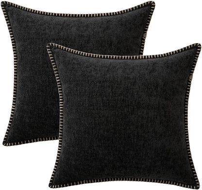 MIULEE Pack of 2 Couch Throw Pillow Covers 18x18 Inch Black Farmhouse Decorative Pillow Covers with Stitched Edge Soft Chenille Solid Dyed Spring Pillow Covers for Sofa Bed Living Room