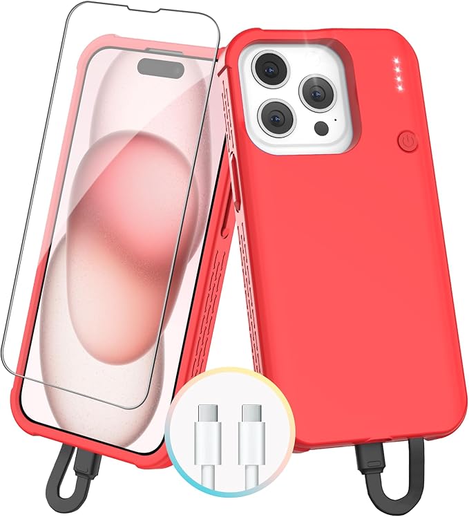 GIN FOXI Fast Charging Battery Case for iPhone 15 Pro Max/15 Plus, 8000mAh 15W Ultra Slim Charger Case Rechargeable Portable Extended Power Bank Case Cover Battery Pack Built-in Cable, Red(6.7”)