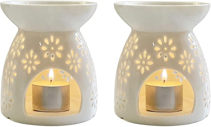 Ceramic Tea Light Holder, Aromatherapy Essential Oil Burner, Wax Warmer, Tealight Holder with White Floral Pattern for Home Decoration, 2PCS