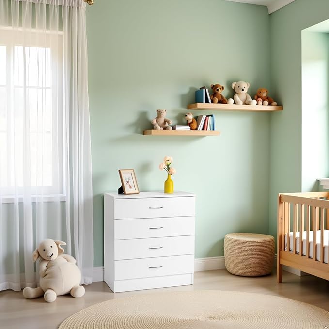 Karl home 4 Drawer Dresser for Bedroom, Small Chests of Drawers Modern Nightstand, White Dresser Chest with 4 Storage Drawers, Dressers for Nursery, Hallway, Living Room, Closet