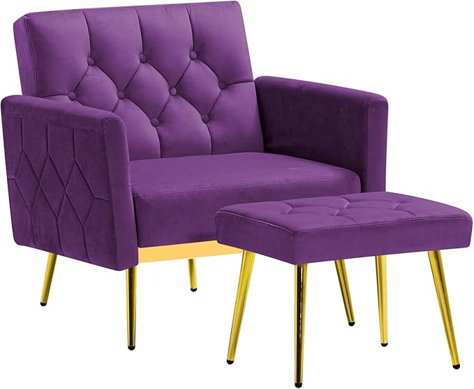 Velvet Accent Chair w/Adjustable Armrests and Backrests, Tufted Single Sofa with Ottoman, Upholstered Reading Chiar for Living Room, Apartment, Bedroom, Purple