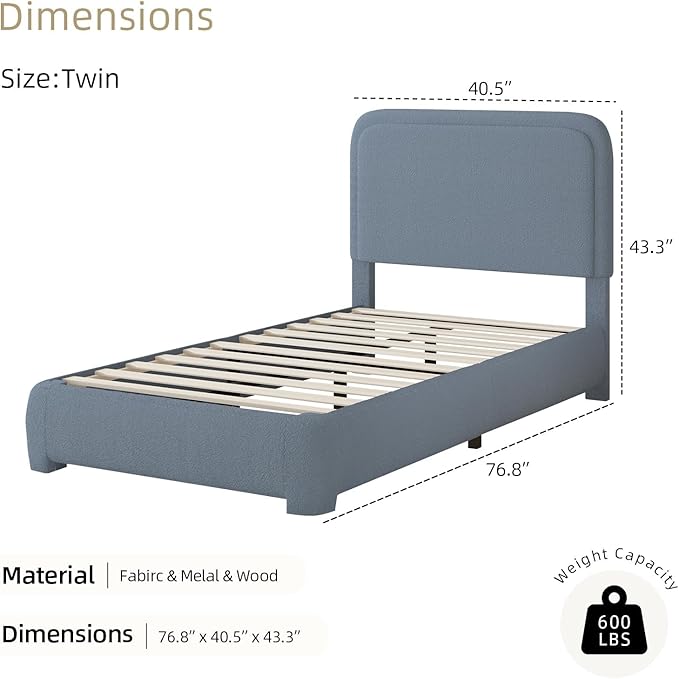 BarnFurin Twin Bed Frames with Headboard,Cloud Boucle Upholstered Platform Bed, Modern Style, Soft Rounded Corners, No Box Spring Needed, Easy Assembly, Blue