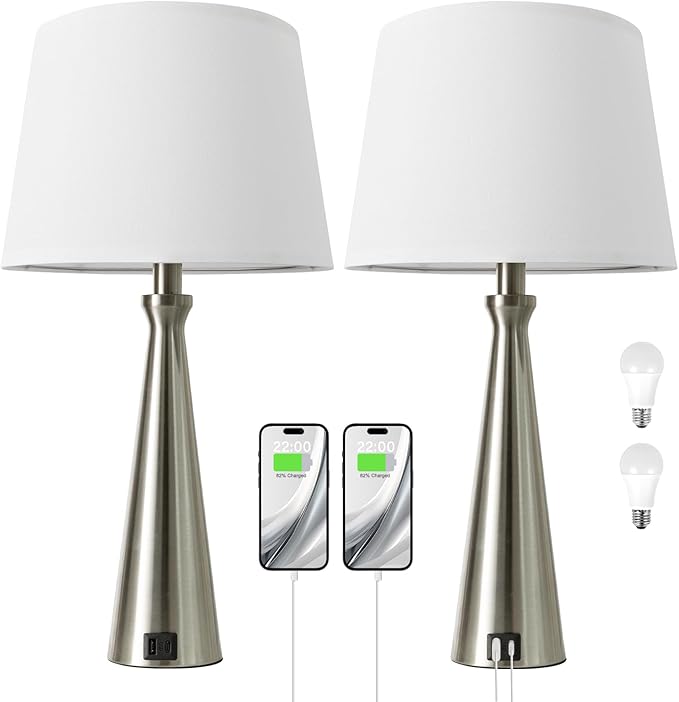 Seealle Modern Table Lamps Set of 2 - Touch Bedside Lamp for Nightstand with Dual USB C+A,3-Way Dimmable Silver Nightstand Lamps for Living Room Bedroom End Table with White Shade(Bulb Included)
