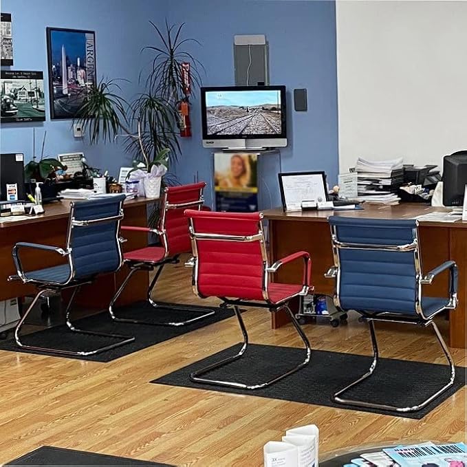 Wahson Office Guest Chairs Set of 4, Leather Reception Chairs, Mid Back Waiting Room Chair, Conference Chairs with Sled Base, Desk Chair No Wheels for Meeting/Lobby/Restroom, Dark Red