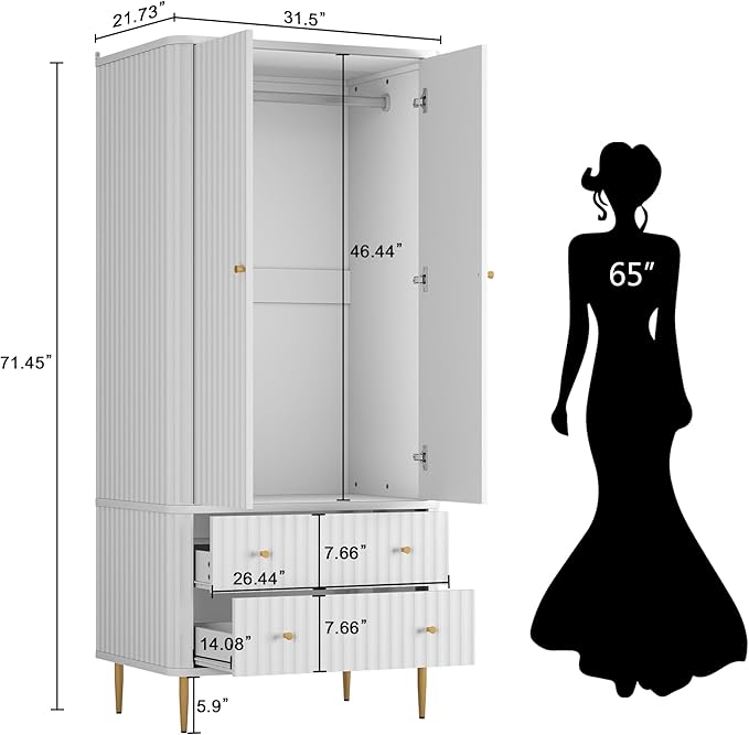 HLR 72" Modern Armoire Wardrobe Closet with Doors and Drawers, Bedroom Armoire Cabinet with Hanging Rod, Wooden Clothing Storage Cabinet,White