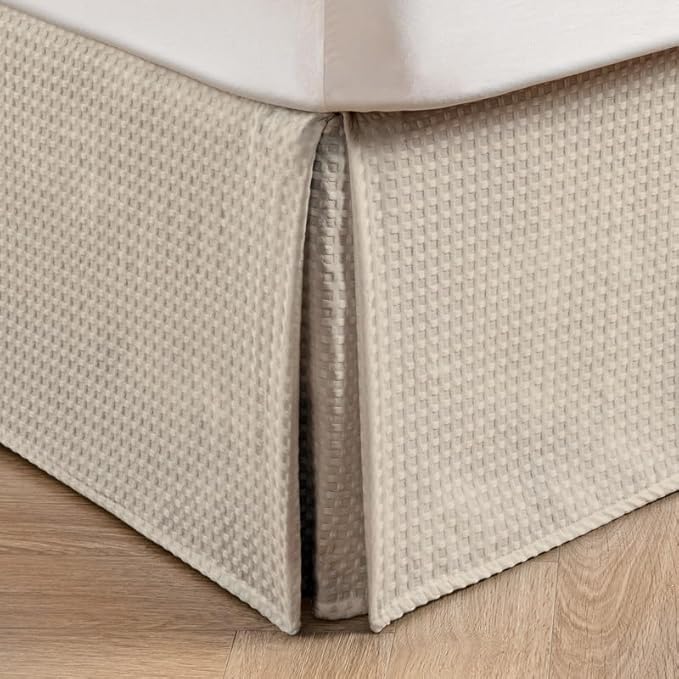 MIYE Pleated Waffle Weave Bed Skirt, Tailored Dust Ruffle 14 Inch Drop Easy Fit, Machine Washable,No Split Corners (Beige, King - 14" Drop)