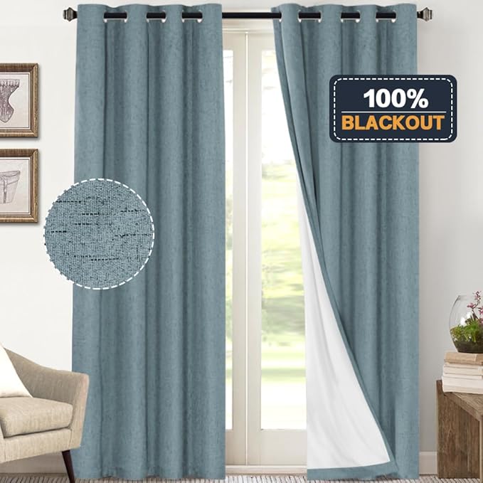 PrinceDeco 100% Blackout Curtains 108 inches Long Linen Blackout Curtains for Bedroom Living Room Black Out Darkening Curtain Thermal Insulated Anti-Rust Grommet Set of 2(52x108 inch,Stone Blue)