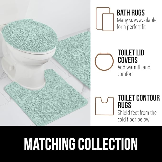 GORILLA GRIP Plush Absorbent Shaggy Chenille Bath Rug Mat for Square Toilet Base with Rubber Backing, Machine Washable Rugs, Soft Microfiber Contour Mats for Toilets, Bathroom Decor, Seablue