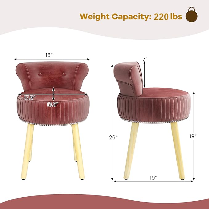 CHARMAID Velvet Vanity Chair for Bedroom, Elegant Accent Chair with Tufted Low Back, Solid Wood Legs, Upholstered Seat, Modern Makeup Stool for Dressing Room, Home Office (Burgundy & Natural)