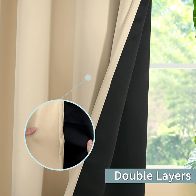 BGment Thermal Insulated 100% Blackout Curtains for Bedroom with Black Liner, Double Layer Full Room Darkening Noise Reducing Grommet Curtain (42 x 84 Inch, Natural, 2 Panels)