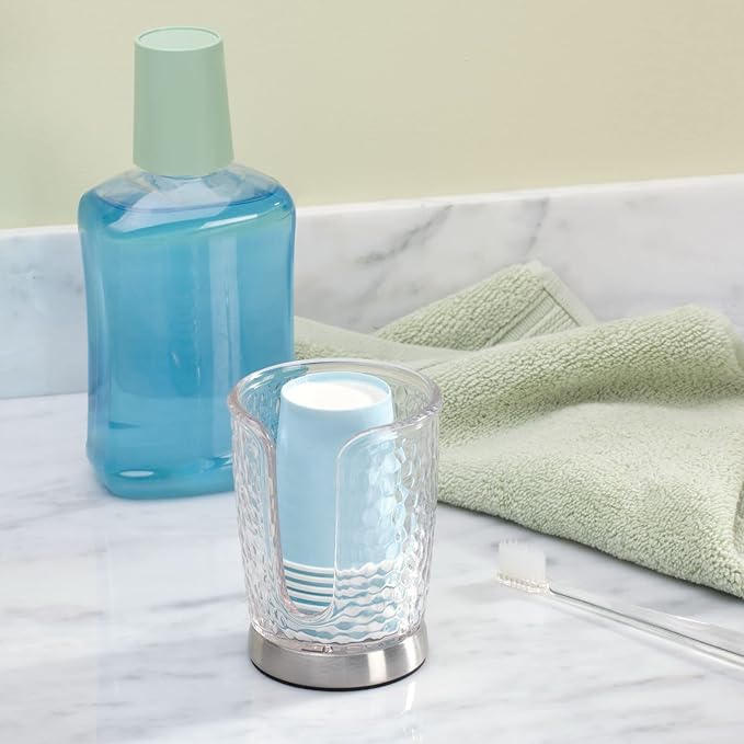 mDesign Plastic/Steel Compact Small Disposable Paper Cup Dispenser Storage Holder for Rinsing Cups on Bathroom Vanity Countertops - Rain Collection - Clear/Brushed