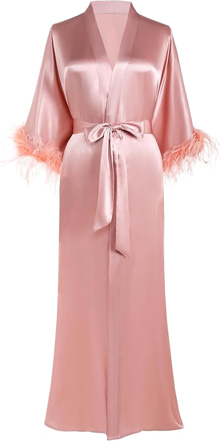PRODESIGN Satin Kimono Robe Long Silky Bathrobe with Ostrich Feather Trim Sleepwear Wedding Bridesmaid Dressing Gown