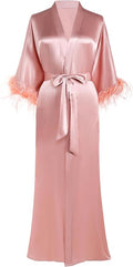 PRODESIGN Satin Kimono Robe Long Silky Bathrobe with Ostrich Feather Trim Sleepwear Wedding Bridesmaid Dressing Gown