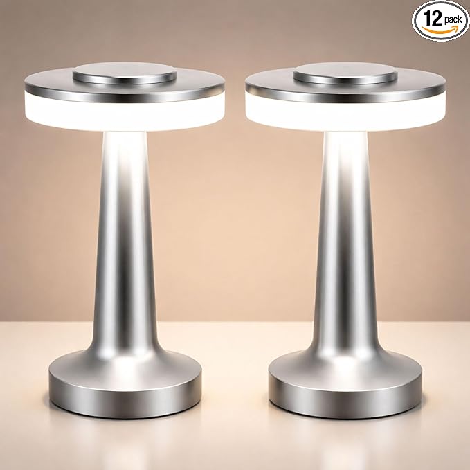 VIHOSE Cordless Table Lamps LED Portable Rechargeable Table Lamp with Touch Sensor 3 Color Dimming up to 15 Hours Battery Desk Light for Restaurant Nursery Living Room(Silver,12 Pcs)
