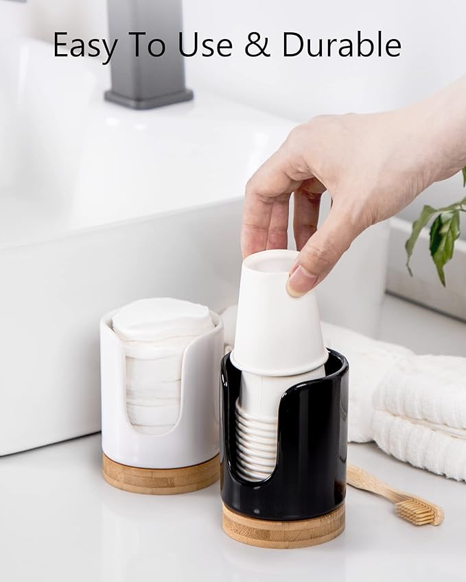 Ceramic Bathroom Cups Dispenser - 3 oz Disposable Paper & Plastic Bathroom Cups Holder - Mouthwash Cups Dispenser for Bathroom, Guest Toiletries, Countertop, Coffee - BPA Free (2 Pack)
