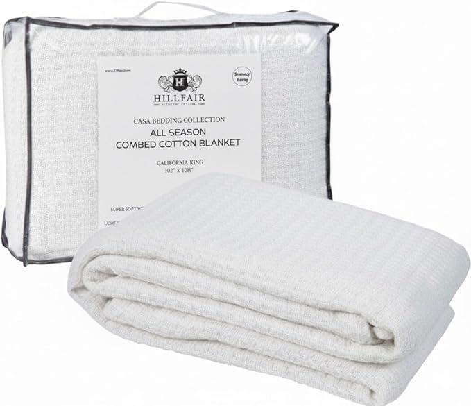 HILLFAIR 100% Combed Cotton Blanket– California King Size Bed Blanket – Warm Soft All Season Breathable Blankets – 102 x 108 inch Extra Large Oversized California King Cotton Blankets for Bed- Ivory