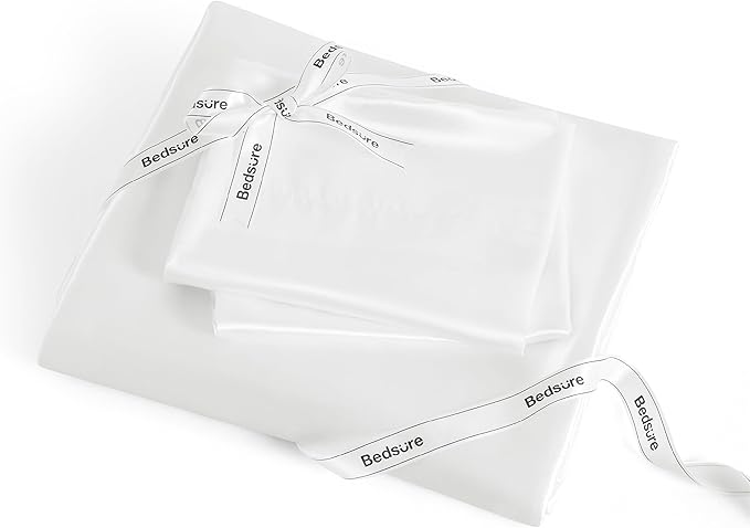 Bedsure White Satin Sheets Queen Size - 4 Piece Silky Bedsheets with 15 Inches Deep Pocket Fitted Bedsheet,1 Flat Sheet, 2 Satin Pillowcases, Good for Hair & Skin (Queen, White)
