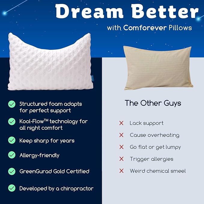 Cooling Side Sleeper Pillow for Neck and Shoulder Pain, Luxury Shredded Memory Foam Curved Bed Pillows for Sleeping Set of 1- Adjustable Standard Size- Washable Cover Crescent White