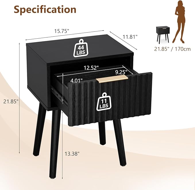 VINGLI Night Stand, Fluted Nightstand Wood, Mid Century Modern Nightstand for Bedroom, Bedside Table, Wood Side Table, Small Night Stand Black, 15.75" W*11.81" D*21.85" H