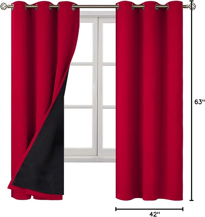 BGment Christmas 100% Blackout Curtains Thermal Insulated with Liner for Living Room Decoration - Grommet Double Layer Energy Saving Bedroom Curtain Drapes (42 x 63 Inches, Red, 2 Panels)