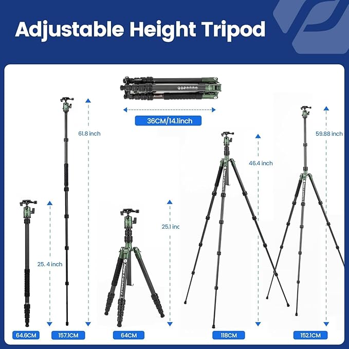 Fotopro 59" Carbon Fiber Travel Tripod, Compact Camera Tripod with Metal Ball Head, Detachable Monopod with Quick Release Plate and Bag, Load up to 8KG/17.63lbs