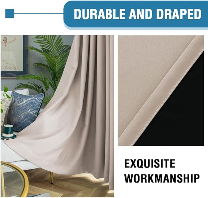 H.VERSAILTEX 100% Blackout Curtains for Bedroom Thermal Insulated Curtains & Drapes Blackout Curtains 84 Inches Long Rod Pocket Curtains for Living Room with Black Liner 2 Panels Set, Natural Sand