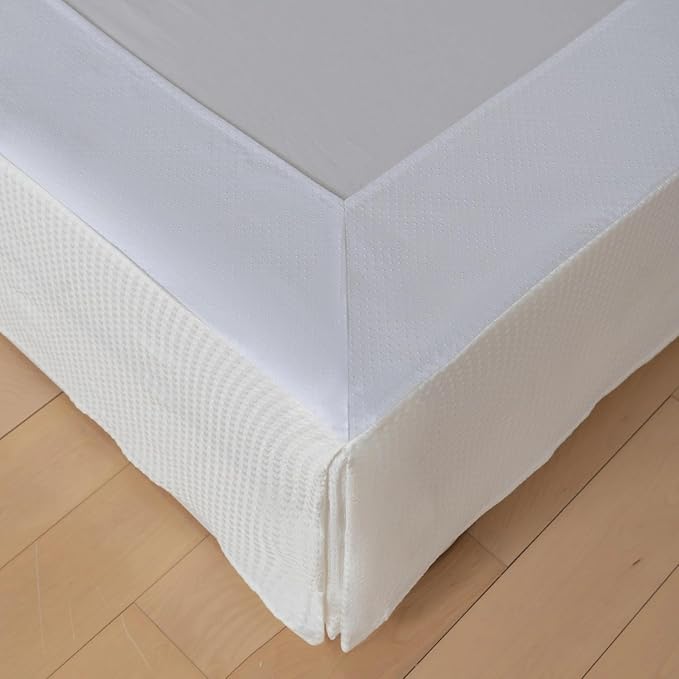 Twin Bed Skirt, Wrap Around Bed Skirt with Pleated Corner, 16 Inch Drop Pleated Waffle Weave Bedskirts, Anti-Slip, Microfiber, Ivory, 16'' Twin