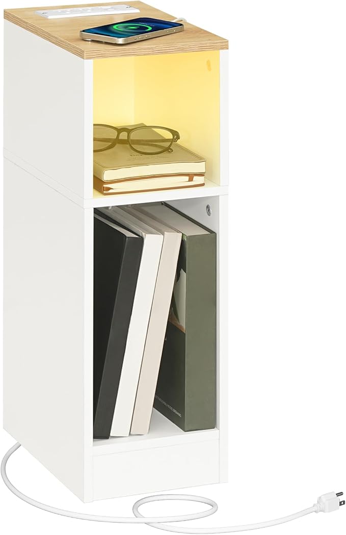 Narrow Nightstand, Slim End Table with Charging Station and LED Sensor Light, Modern Side Table, Bedside Table, for Small Spaces, Living Room, Bedroom, Natural and White ETNW30E01