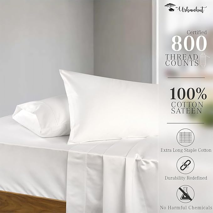 URBANHUT 800 Thread Count 100% Cotton Queen Size Sheets, Luxury 4 Piece Queen Bedsheets, Hotel Sheets Sateen Finish - Better Than Egyptian, 16" Elasticized Deep Pocket - White