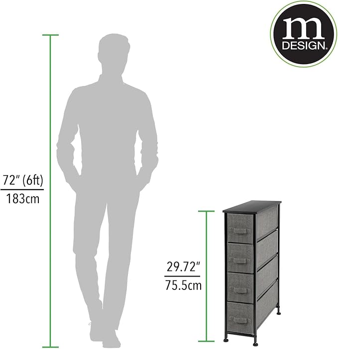 mDesign Narrow Dresser Storage Tower Stand with 4 Removable Fabric Drawers - Steel Frame, Wood Top Organizer for Bedroom, Entryway, Closet - Lido Collection - Charcoal Gray