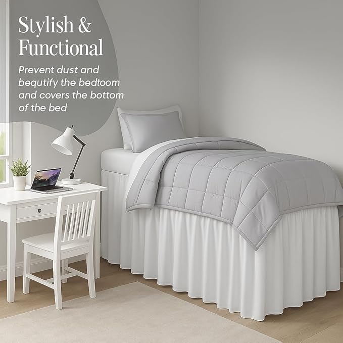 Cottingon Dorm Bed Skirt Twin XL 42" with Split Corners, 100% Microfiber Soft and Stylish, College Room Essential, Extra Long Dust Ruffle for Extended Beds, White