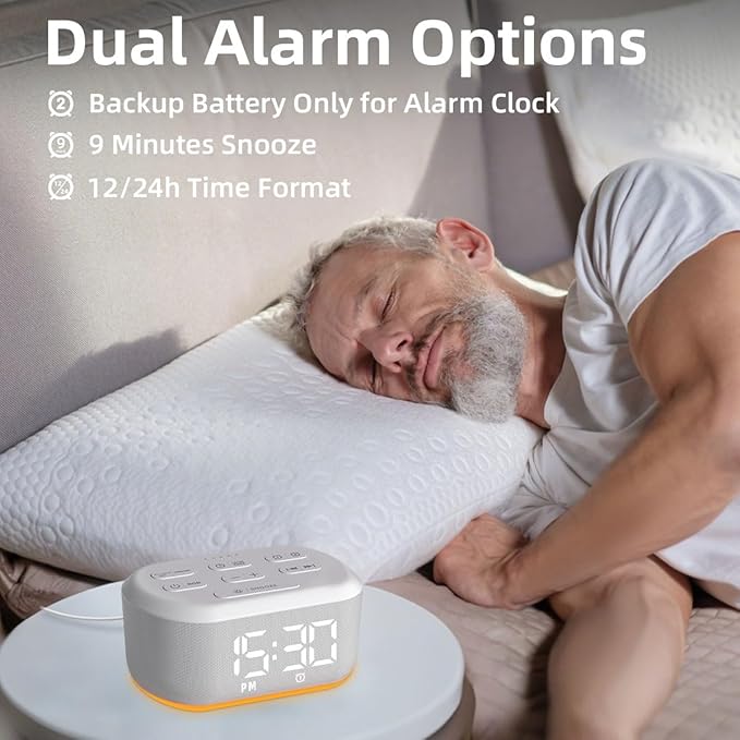Small Digital Alarm Clock for Bedrooms Sound Machine with 30 Soothing Sound Plug in Bedside Clock with Night Light Noise Machine Battery Backup 15 Wake up Sound Clock for Teen Kid Heavy Sleeper Snooze