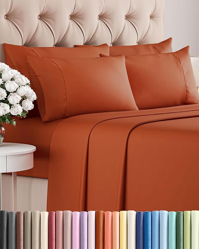 Cal King 6 Piece Sheet Set - Cooling & Breathable - Hotel Luxury Bedding, Includes Fitted Sheet for Women, Men, Kids and Teens - 1 Flat, 1 Fitted Sheet, 4 Pillowcases with Deep Pockets - Terracotta