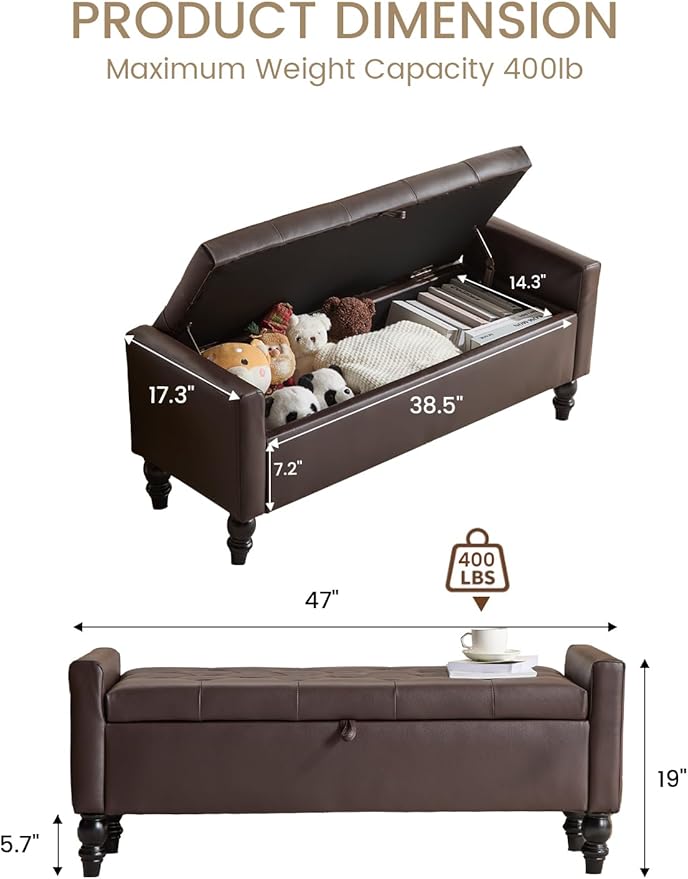 47" Storage Ottoman Bench, Faux Leather Upholstered Ottoman with Storage, End of Bed Bench for Bedroom, Living Room, Entryway, Window (Brown)