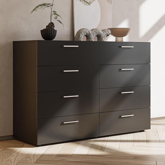 Karl home 8 Drawer Dresser, Wood Black Vanity Drawer Cabinet, Bedroom Storage Cabinet TV Stand, Large Dresser Storage Chest with Deep Drawers, Bedroom Furniture