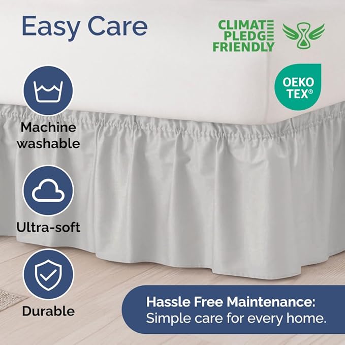 Wrap Around Dust Ruffle Bed Skirt - French Grey - for King Size Beds w/ 12 Inch Drop - Easy Fit Elastic Strap - Adjustable Pleated Bedskirt w/Brushed Fabric - Wrinkle Free, Women, Men, Kids & Teens