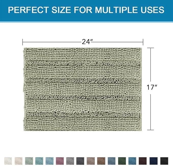 H.VERSAILTEX Bath Mats for Bathroom Non Slip Thick Chenille Striped Bath Rug Absorbent Fluffy Soft Shaggy Rugs Washable Dry Fast Plush Mats for Indoor, Bath Room, Tub - 17" x 24", Eucalyptus Green
