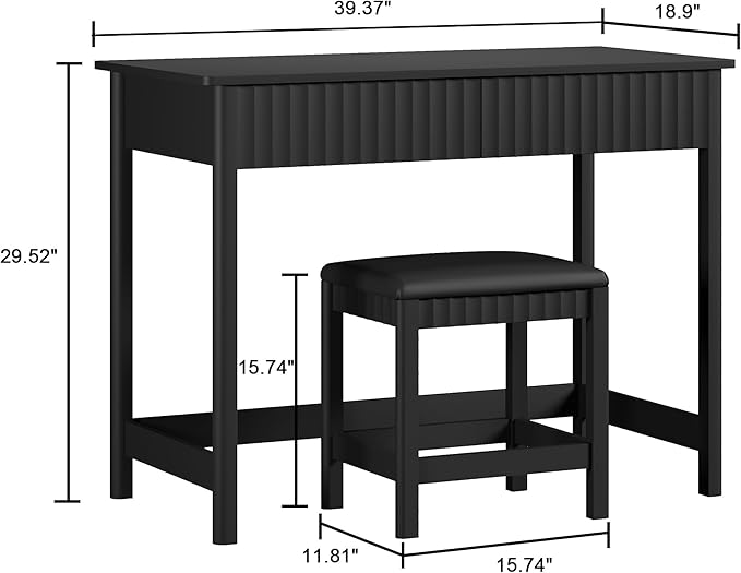 ChooChoo 40 Inch Modern Desk with Drawers, Makeup Vanity Desk with Padded Stool, Small Home Office Desk for Bedroom, Black