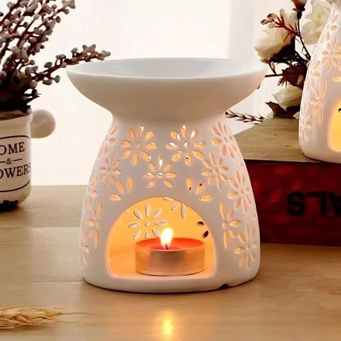 Ceramic Tea Light Holder, Aromatherapy Essential Oil Burner, Wax Warmer, Tealight Holder with White Floral Pattern for Home Decoration, 2PCS