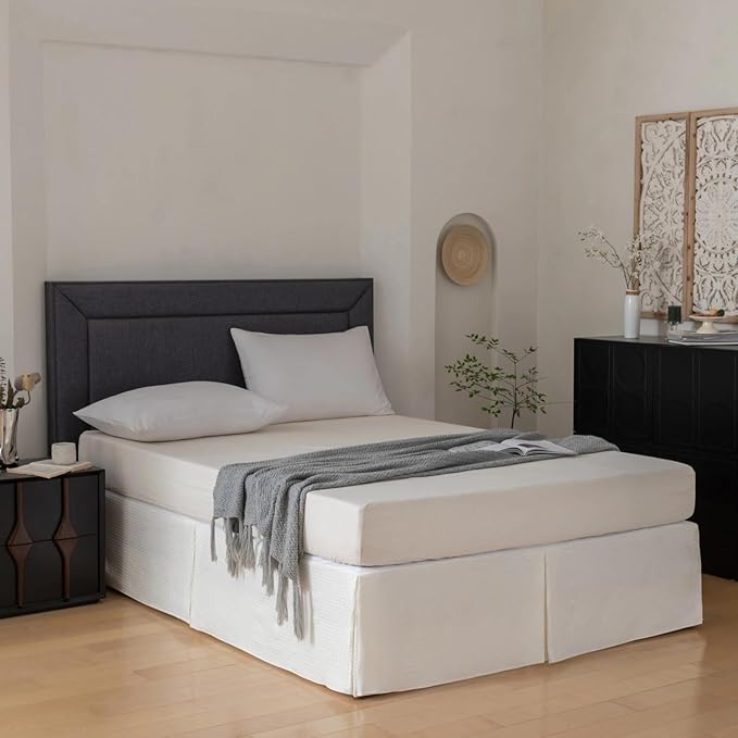 Twin Bed Skirt, Wrap Around Bed Skirt with Pleated Corner, 16 Inch Drop Pleated Waffle Weave Bedskirts, Anti-Slip, Microfiber, Ivory, 16'' Twin